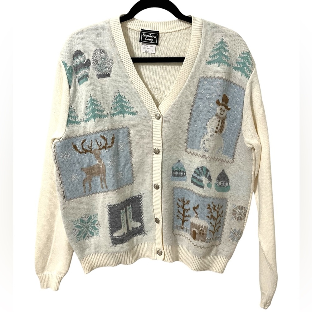Southern Lady Size L White Winter Novelty Christmas Cardigan Cottagecore Grandma